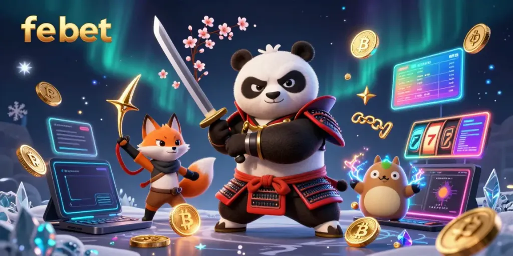 Engage with fe bet's thrilling online casino world featuring vibrant 3D characters and game elements.