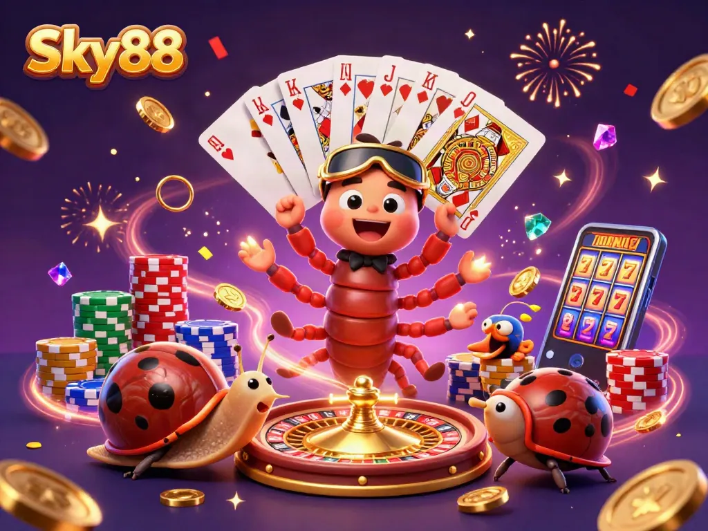 Experience excitement at Sky88 with a dynamic casino scene featuring a millipede dealer, snail high-roller, and vibrant game elements.