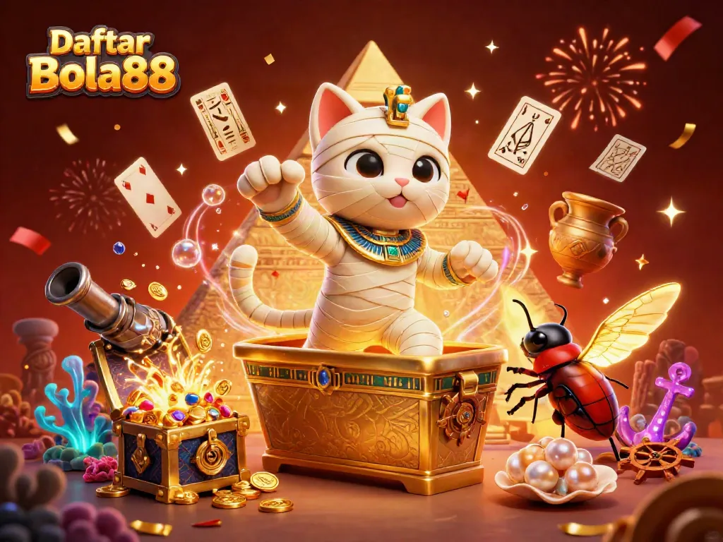 Experience the thrill of Daftar Bola88 with vibrant 3D illustration showcasing an Egyptian mummy cat and exciting casino elements.