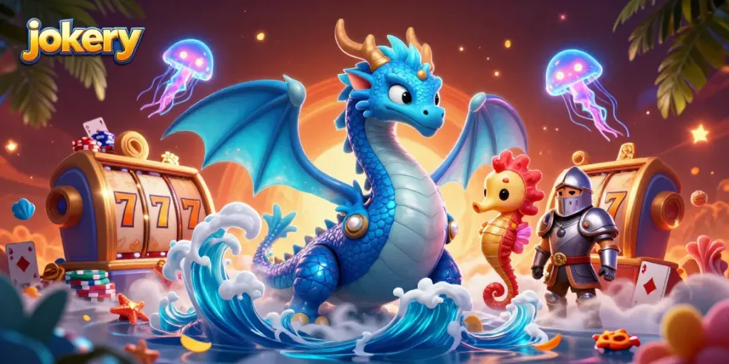 Spin the reels with jokery, showcasing vibrant casino elements, a dragon, and seahorse knight in 3D.