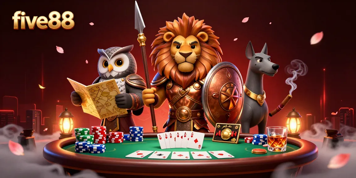 five88 poker scene featuring a Spartan lion, tactical owl, and swift greyhound surrounded by vibrant game elements.