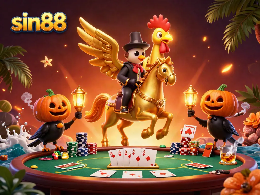 Experience the excitement of sin88 with a vibrant 3D casino scene featuring a golden rooster and poker elements.