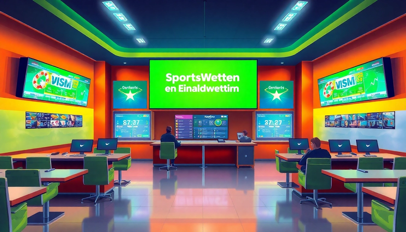 Erleben Sie das spannende Ambiente für sportwetten ohne einzahlungslimit in einem lebhaften Wettbüro mit modernen Bildschirmen und aktiven Wettenden.