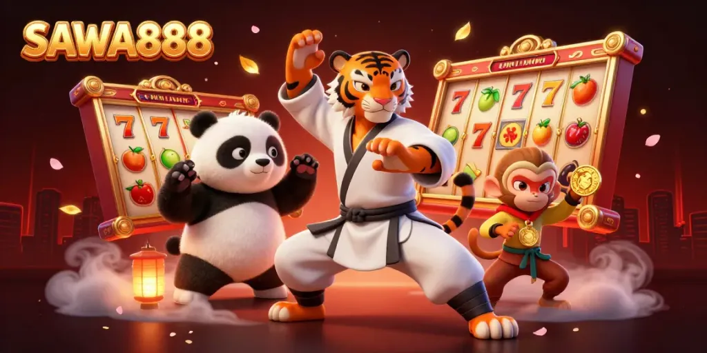Engaging SAWA888 illustration of a kung fu tiger mastering slots alongside a panda and mischievous monkey.