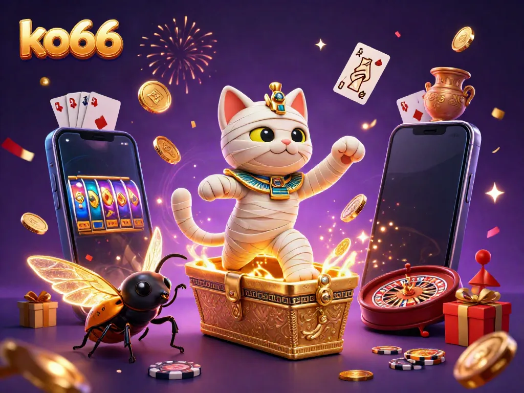 Experience the thrill of ko66 with a vibrant 3D illustration of gaming excitement bursting from a pyramid casino.