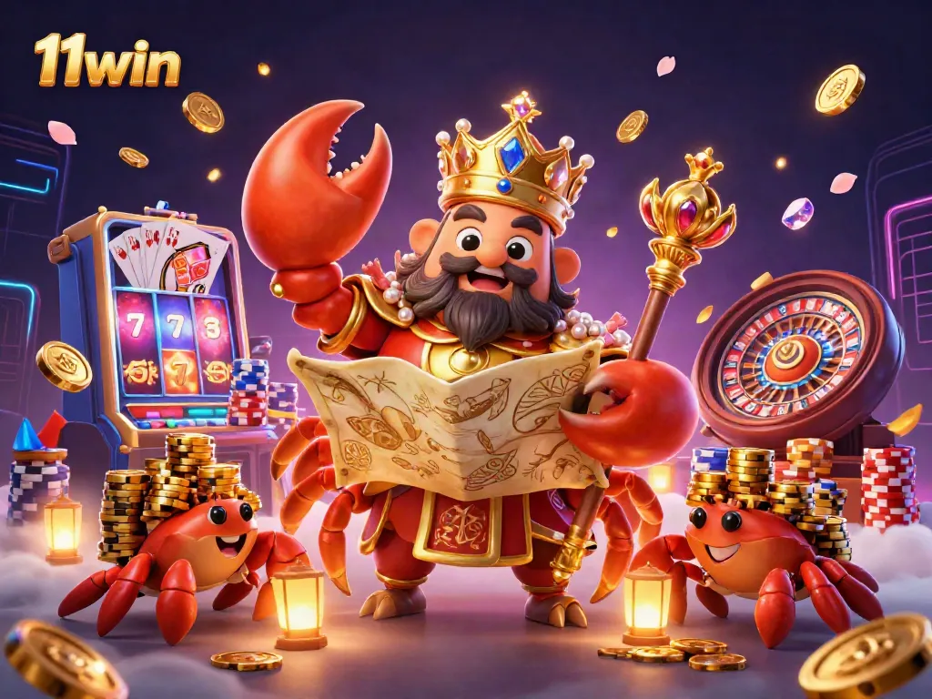Engage with 11win's immersive gaming experience featuring a golden crab emperor amidst casino excitement.