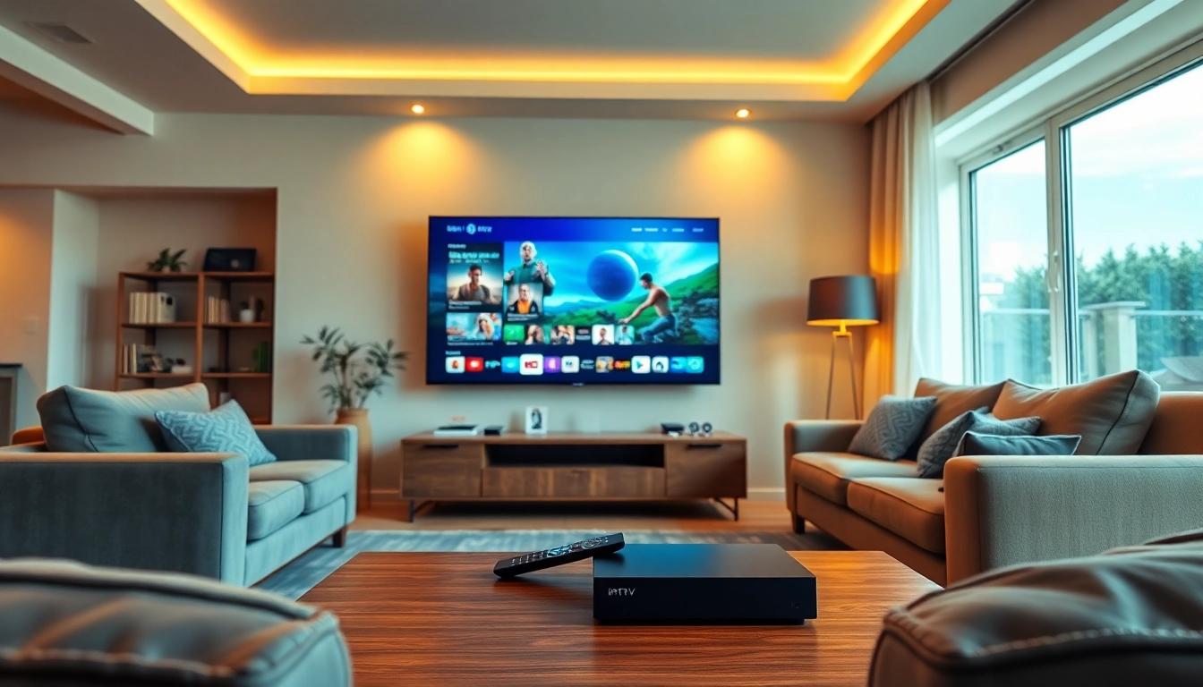 iptv kaufen: Modern living room with IPTV setup featuring a large TV and cozy furnishings.