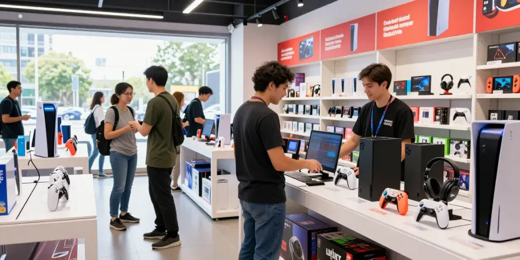 rokok88 gaming store with customers exploring original consoles and accessories, vibrant and welcoming atmosphere
