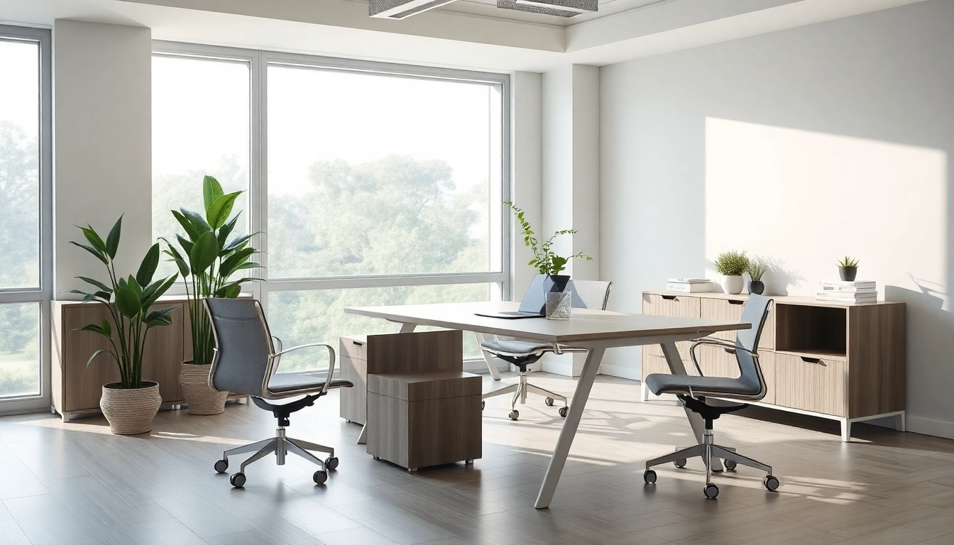 Moderne Büromöbel in einem lichtdurchfluteten Büro mit ergonomischem Design.