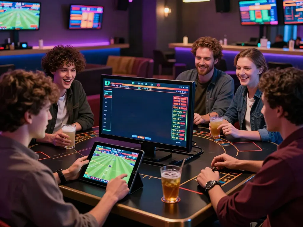 Friends engaging in sports betting at a lively lounge, showcasing Alternatif Bola88's social gaming experience.
