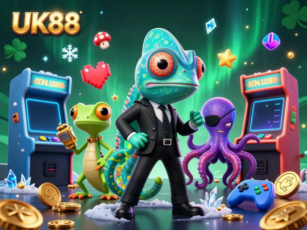 Experience UK88's extravagant online casino with vibrant chameleon characters amidst gaming elements.