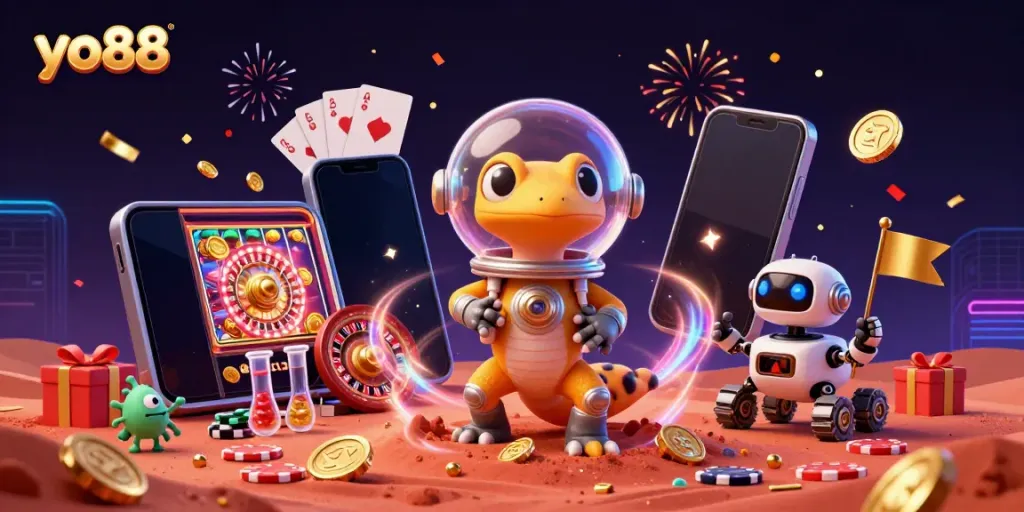 Experience the excitement of yo88 with a vibrant Martian casino adventure featuring cheering aliens and fun slot games.