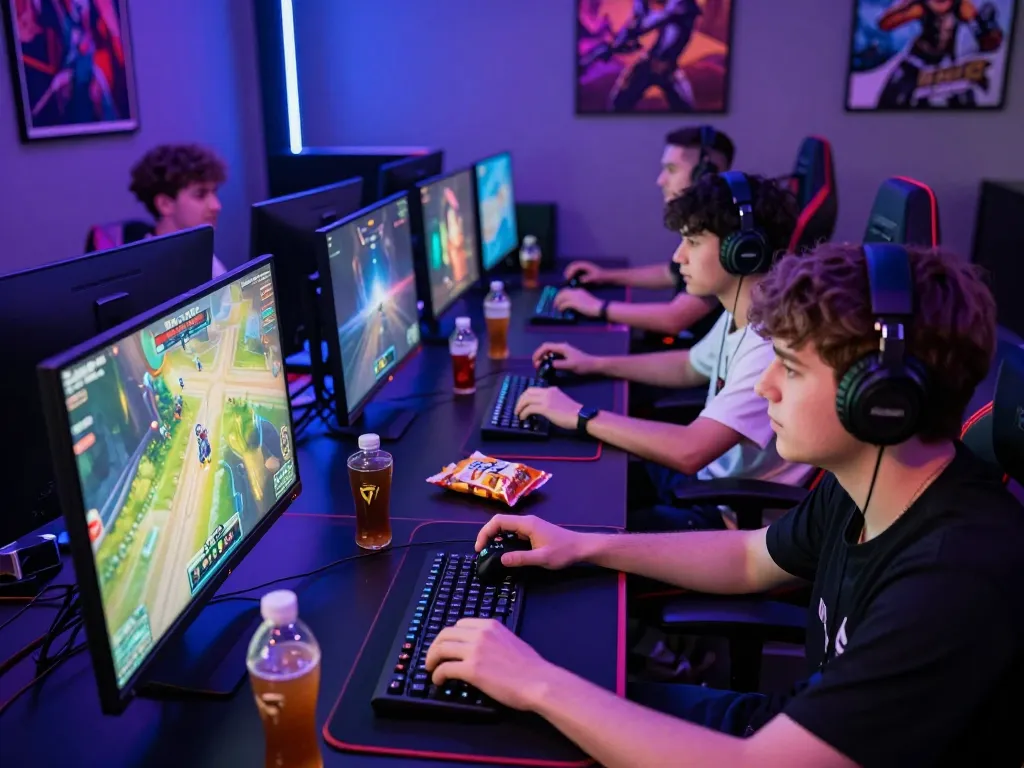 Gamers enjoying Hitclub with vibrant screens, intense atmosphere, and modern gaming setup.