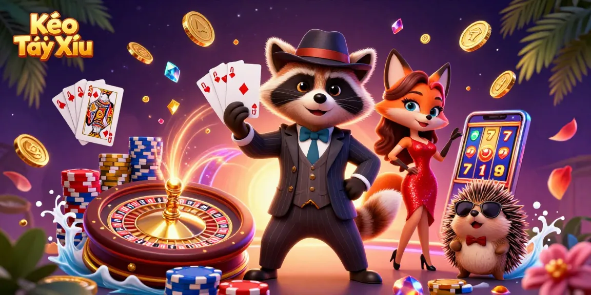 Kèo Tài Xỉu - Explore vibrant casino scene with animated characters celebrating big wins and gaming excitement.