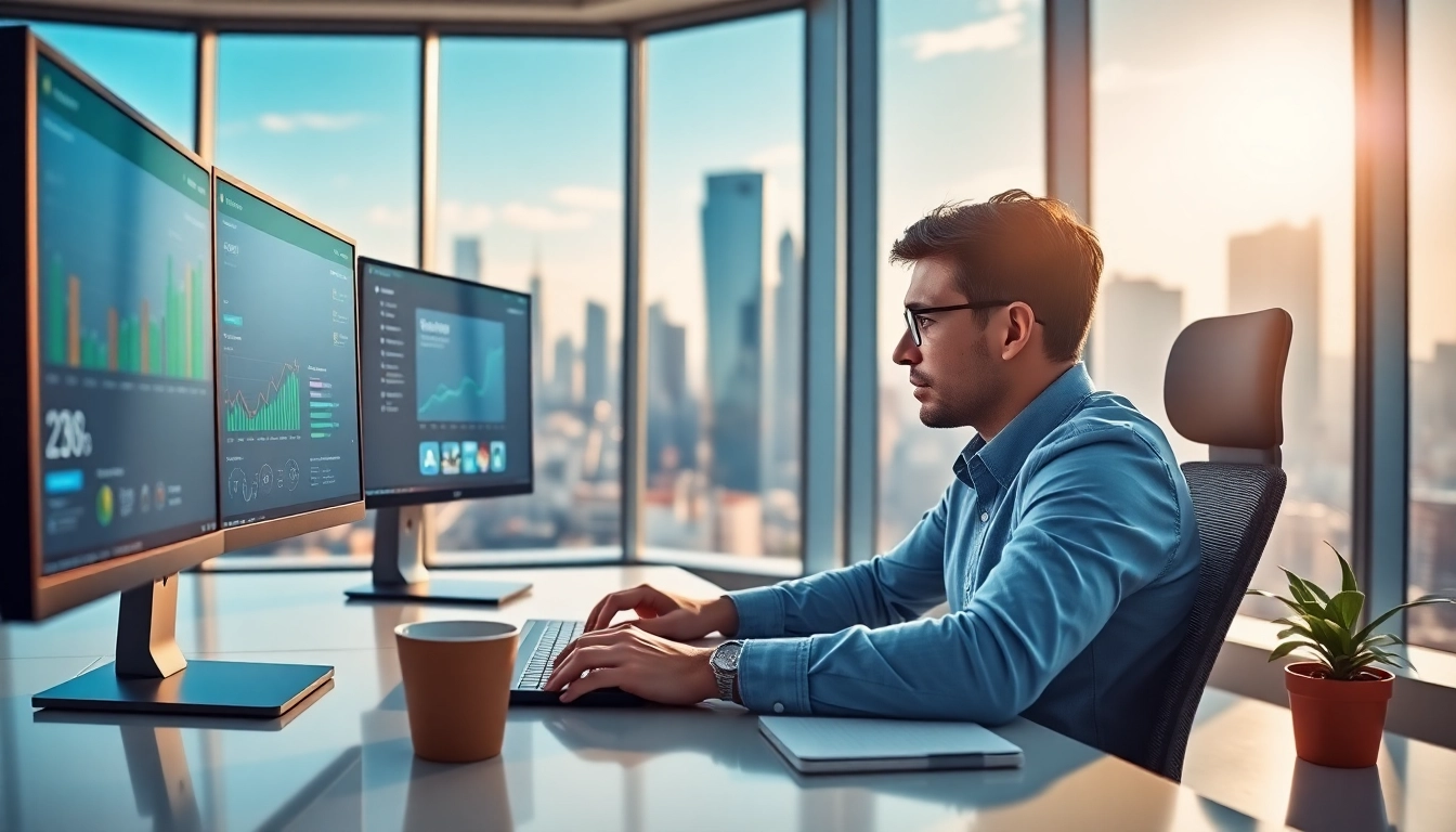 Online Marketing Strategist analyzing data trends in a modern workspace with vibrant colors.