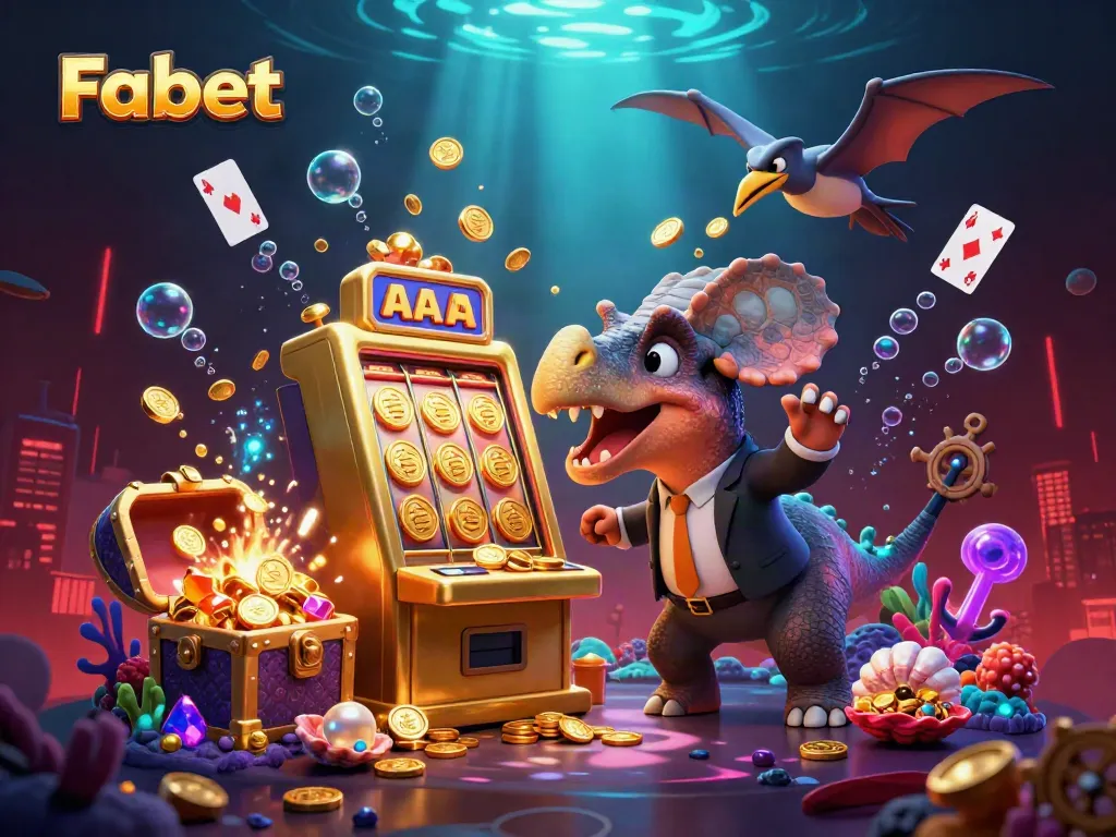 Fabet players strategizing on winning slots while cartoon dinosaurs engage in action for jackpots.