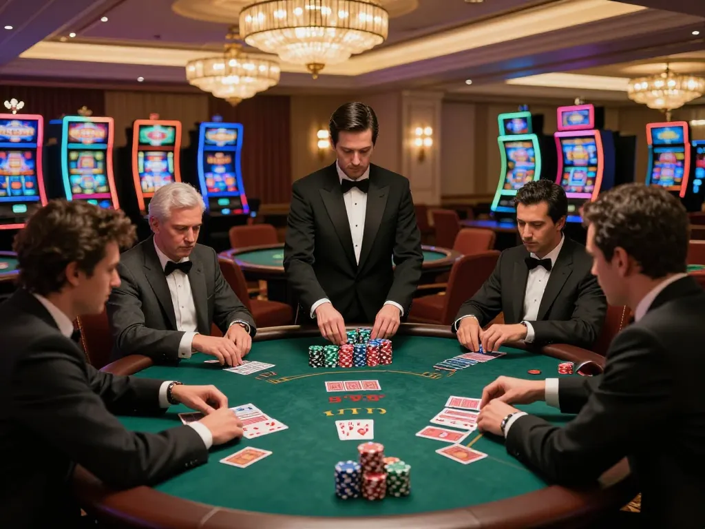 MK8 players placing bets at a glamorous blackjack table in an upscale casino.