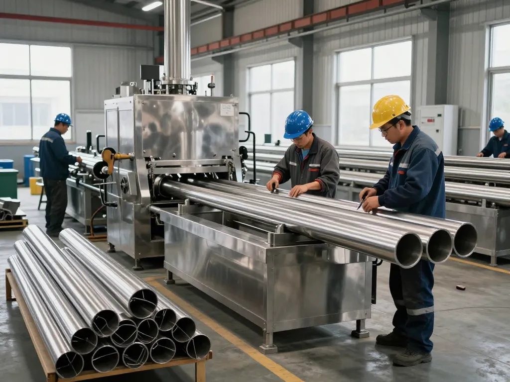 Workers assembling sumwin stainless steel pipes in a bright manufacturing facility.