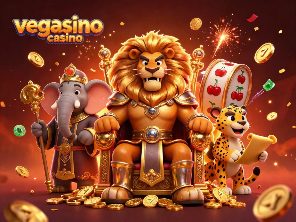 Experience the thrilling games at vegasino casino with a lion king and vibrant slot elements.