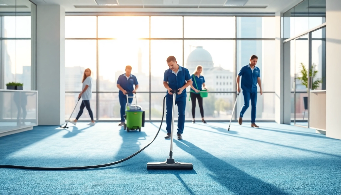 Büroreinigung Berlin: Professionelle Büroreinigung in modernem Ambiente mit Reinigungsteam.