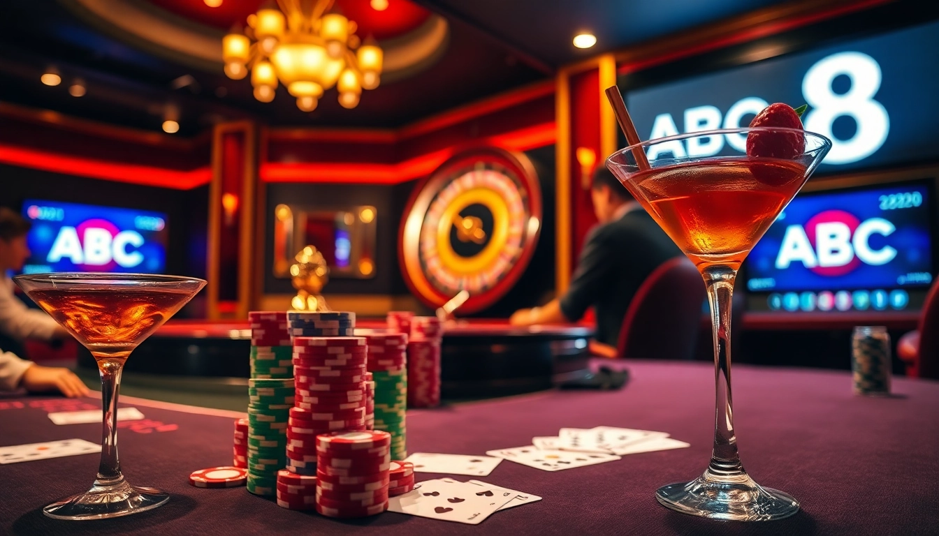 Engaging scene of gambling excitement at ABC 8 casino with poker chips and roulette wheels.