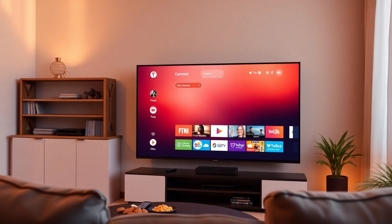 Sehen Sie IPTV kaufen auf einem modernen TV-Bildschirm in einem gemütlichen Wohnzimmer mit Snacks und Fernbedienung.