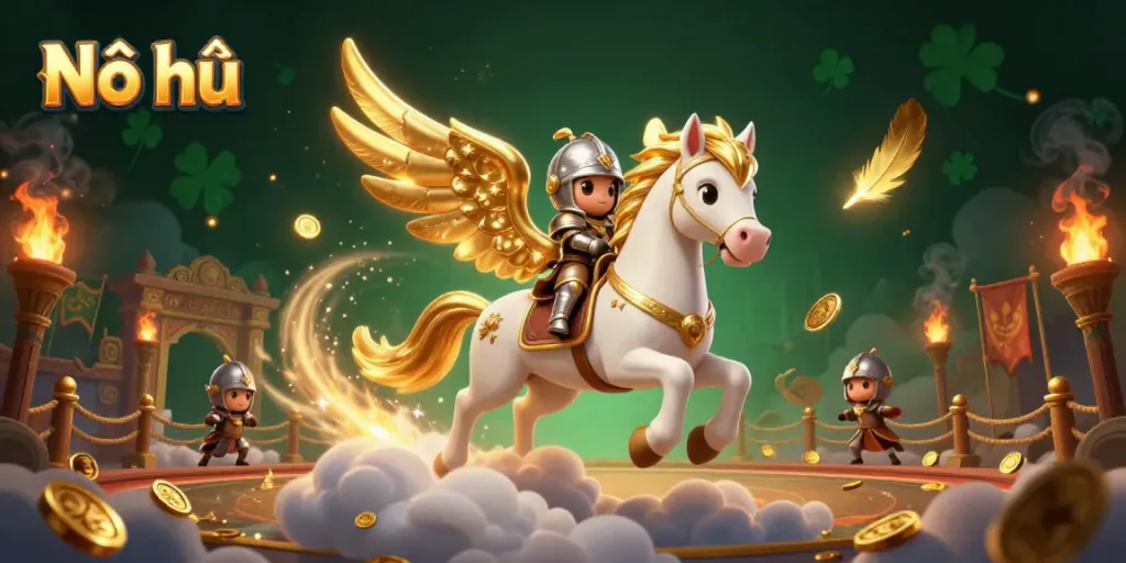Engage with the exciting Nổ hũ experience as a knight rides a celestial horse amid swirling gold coins and flames.