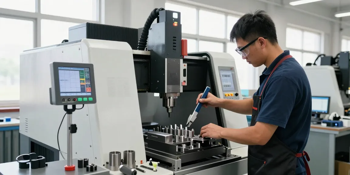 CNC-Technik in einer modernen Werkstatt, Techniker bei der präzisen Bearbeitung von Metallkomponenten