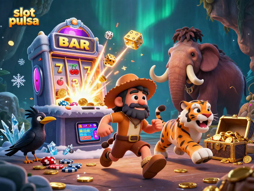 Experience thrilling wins with slot pulsa in this vibrant casino scene featuring cavemen and a sabertooth tiger.