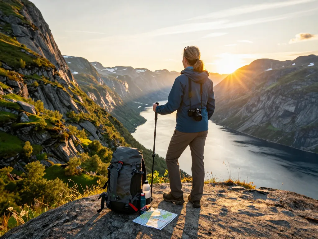 Malersicher Blick auf einen Reisenden, der Skandinavien Reisetipps bei Fjorden während des Sonnenuntergangs sammelt.