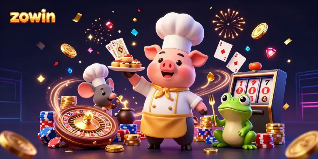 Experience thrilling gaming with the zowin chef pig serving golden slot reels amidst flying coins.