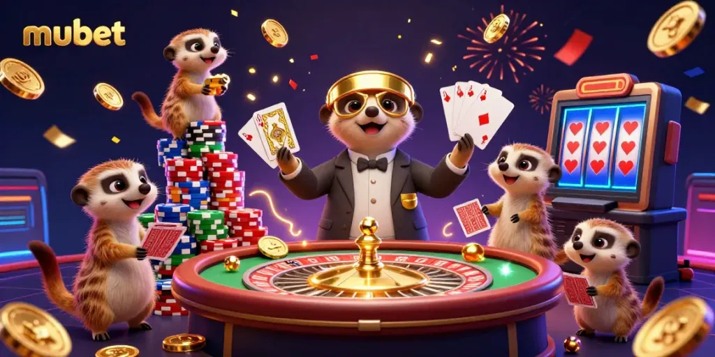 Experience thrilling gaming with mubet's meerkats running a vibrant casino, showcasing colorful chips, golden coins, and dynamic gameplay.