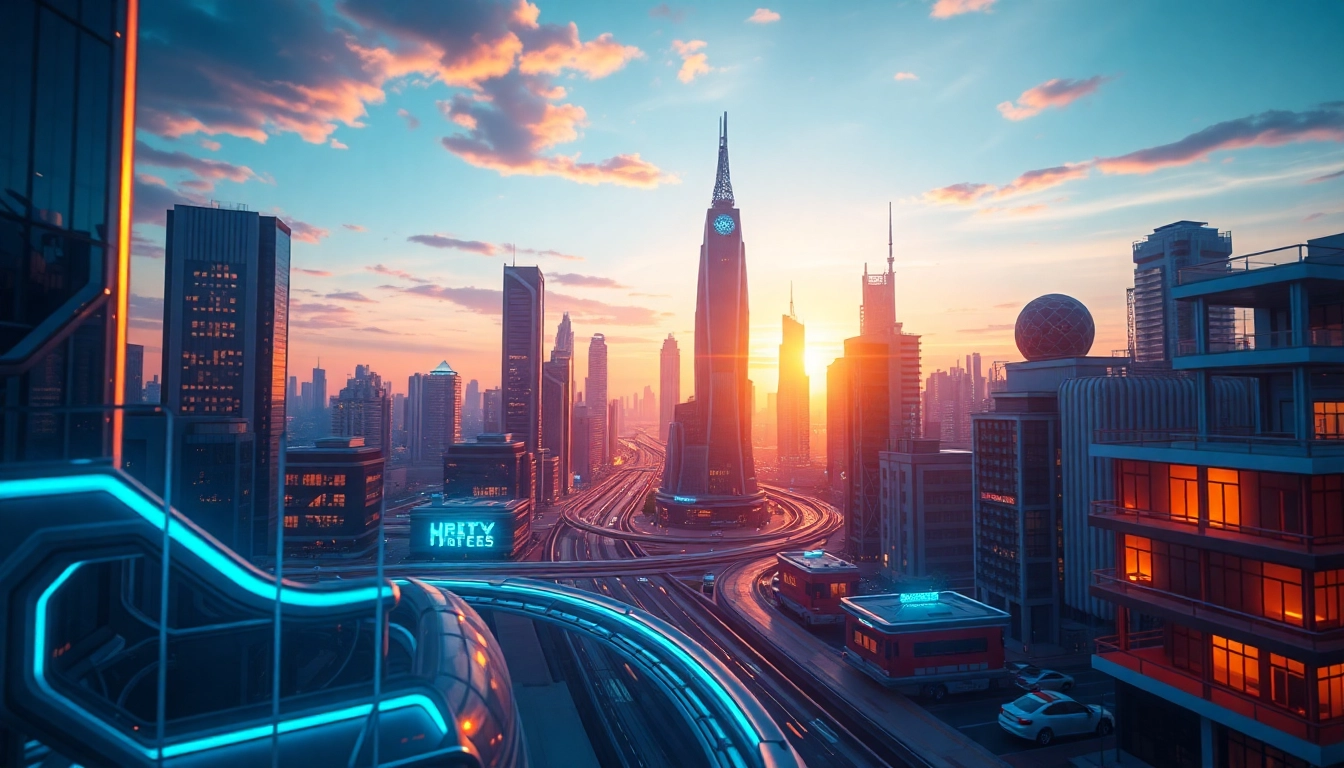 3D Animation eines futuristischen Stadtbildes bei Sonnenuntergang mit lebendigen Farben.