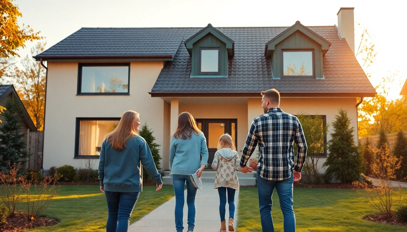 Familie steht glücklich vor ihrem neuen Zuhause, ein optimales Beispiel für einen erfolgreichen Hauskauf.