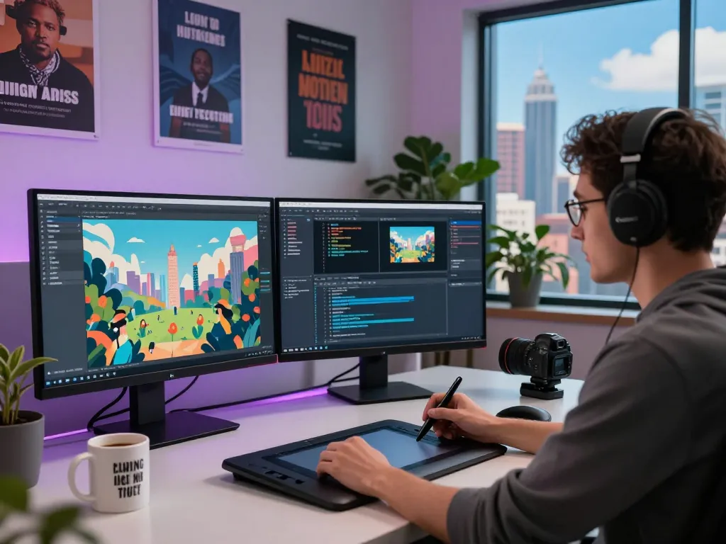 Creating stunning videos with free motion control in a modern workspace featuring dual monitors and animation tools.
