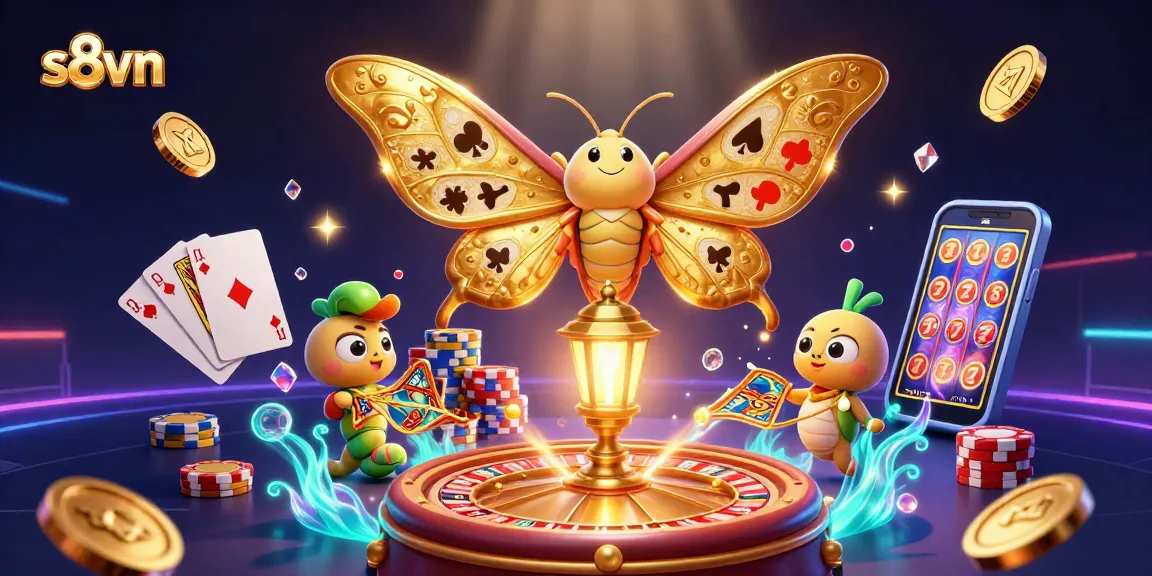 Play with s8vn's vibrant casino elements featuring a majestic moth and dynamic treasures.
