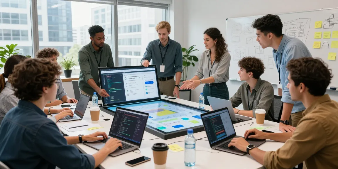 Team collaborating to build internal tools with AI in a modern office.