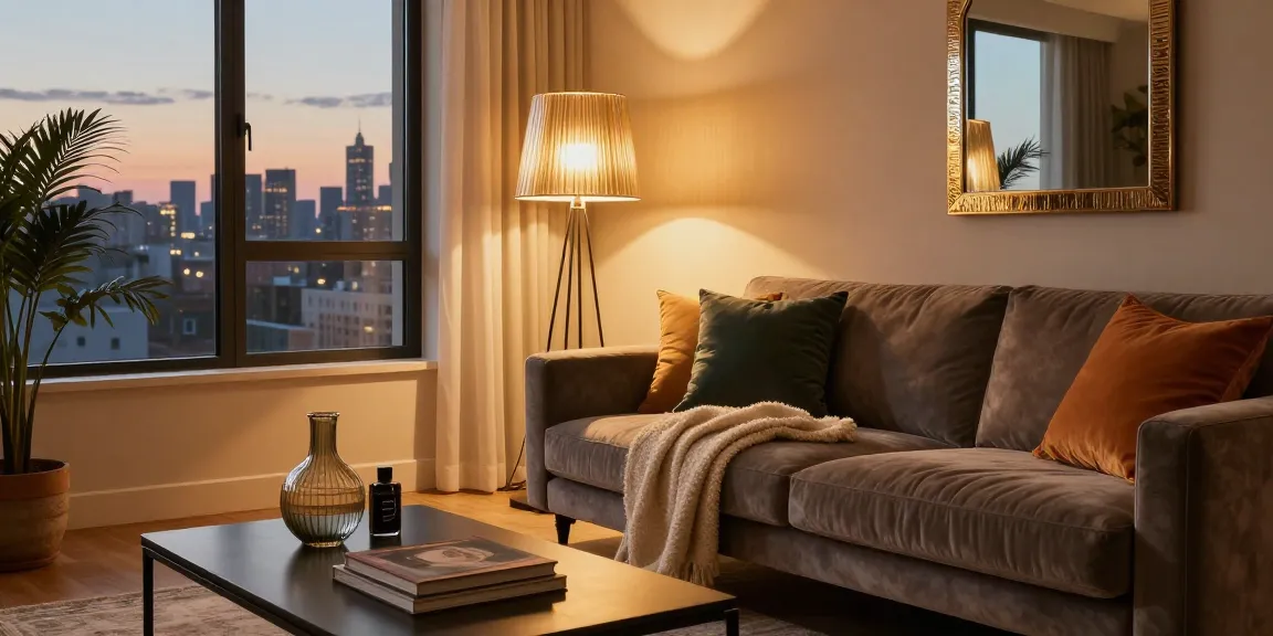 Elegante Stehlampe Rauchglas, die das gemütliche Wohnzimmer mit warmem Ambiente aufwertet.