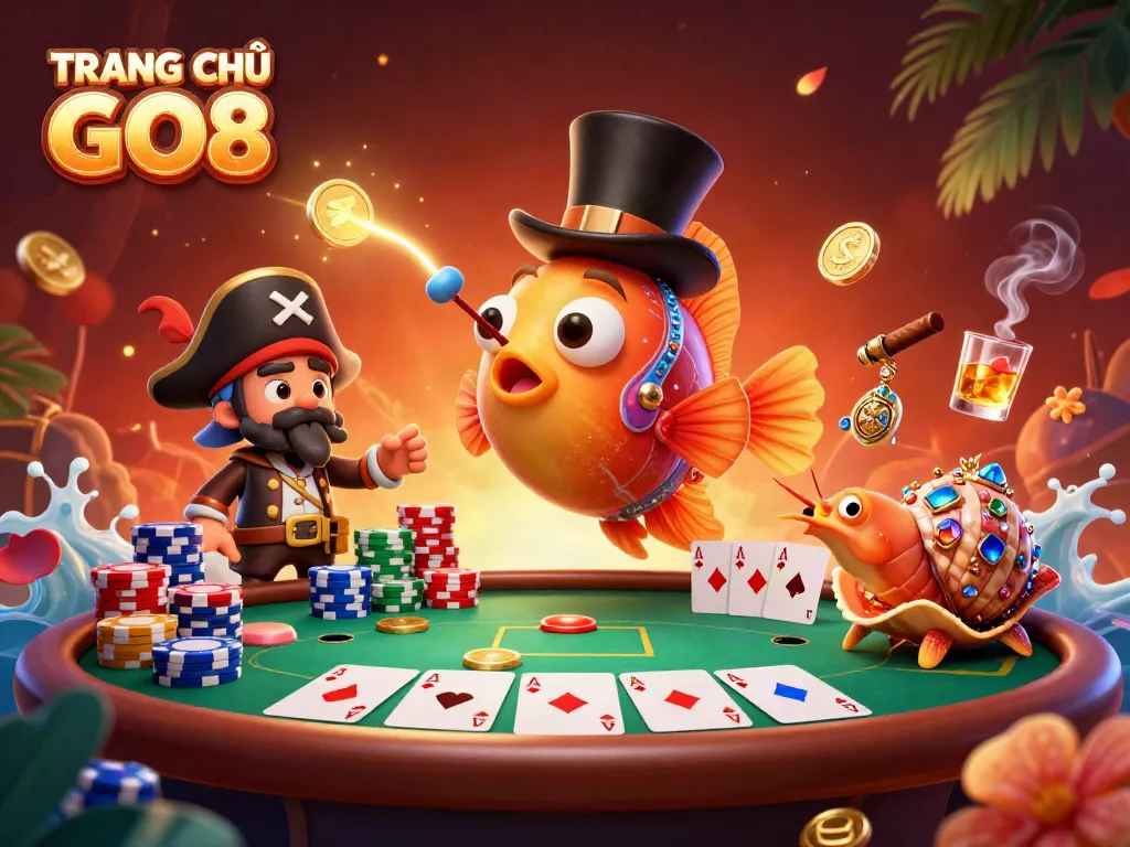 Engage in thrilling gaming experiences at TRANG CHỦ GO8 with vibrant casino elements and colorful characters.