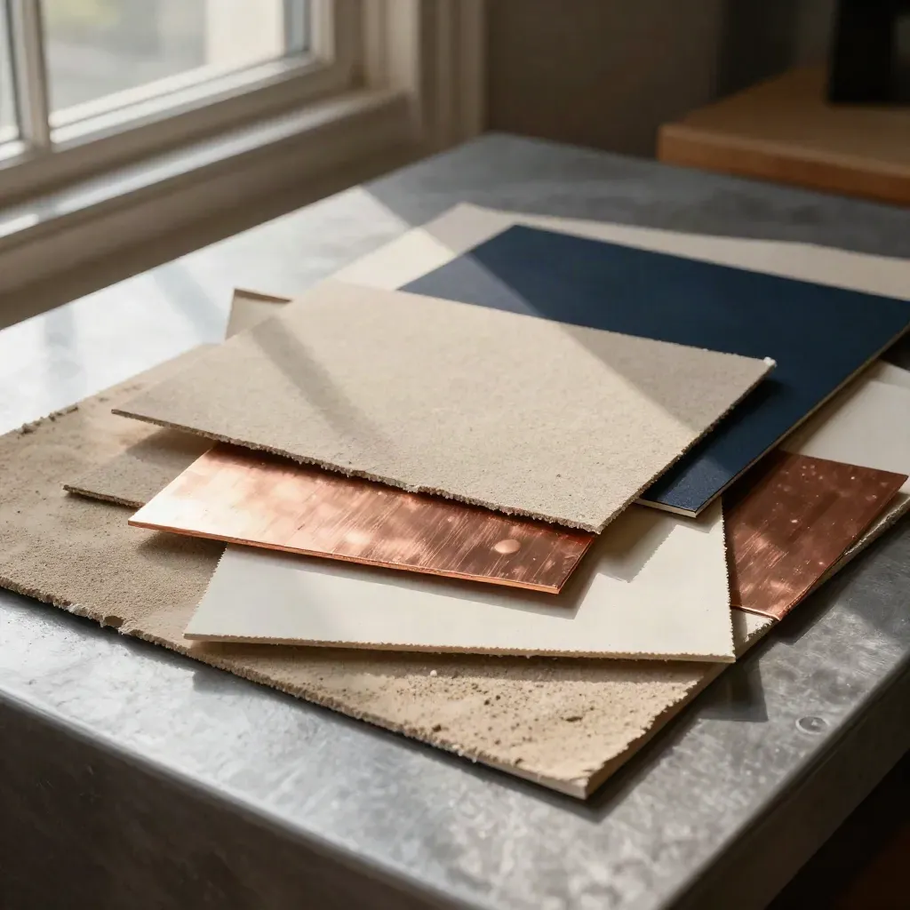 Markenstrategie-Moodboards mit Navy-Karte und Kupfermustern im warmen Studiolicht.