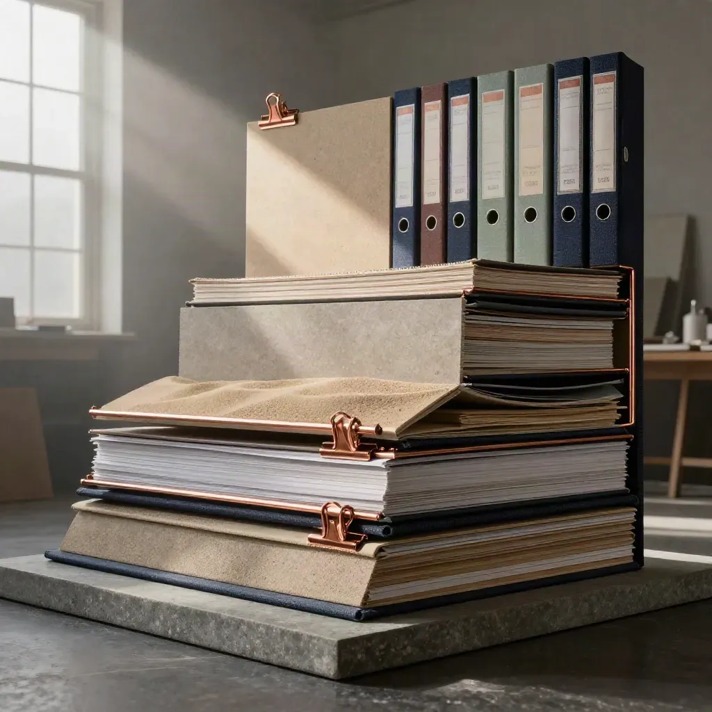 Monumentale Atelier-Installation mit Sandtafeln, navy Ordnern und Kupferklammern im Morgennebel.
