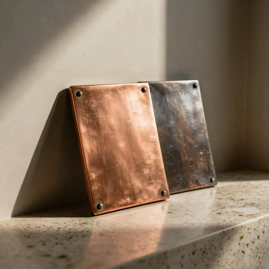 Geprägte Metall-Logomarken in Kupfer auf Travertin, gestaffelt und skulptural im Halbdunkel.