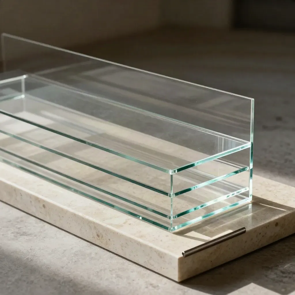 Acryl-Website-Module auf Travertin, schräg in die Tiefe, mit Teal-Lichtsaum.