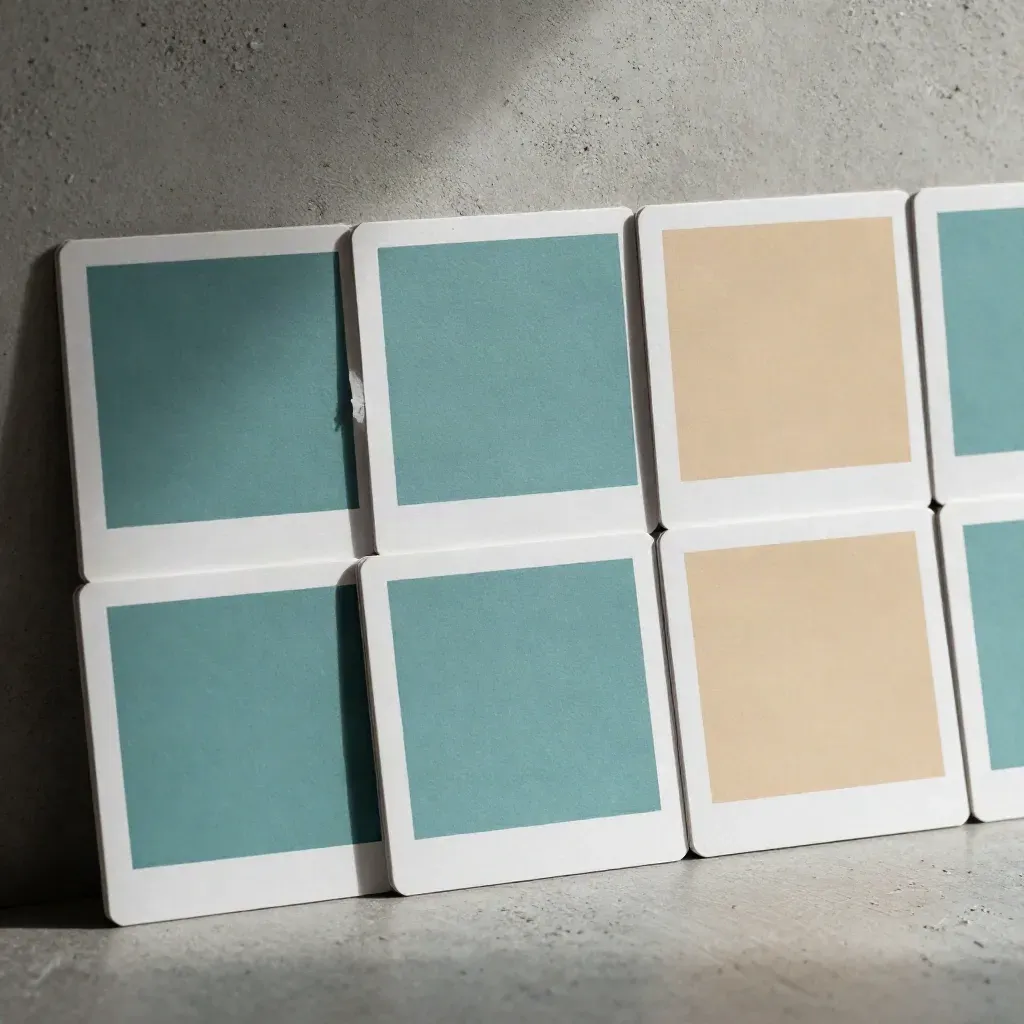 Neun quadratische Social-Media-Vorlagen mit Teal- und Sandflächen auf dunklem Hintergrund.