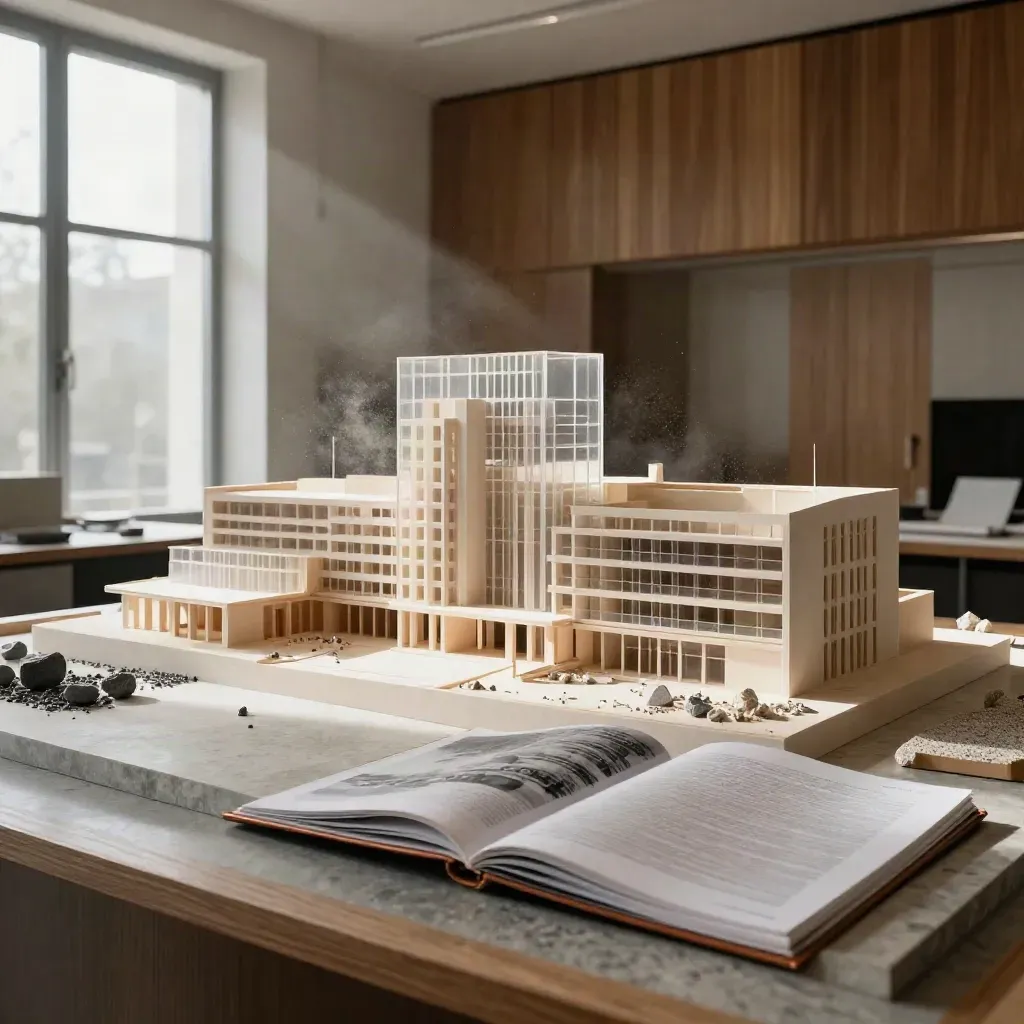 Architekturmodell, Materialchips und Terminmappe in einer Münchner Planungsbüro-Inszenierung.