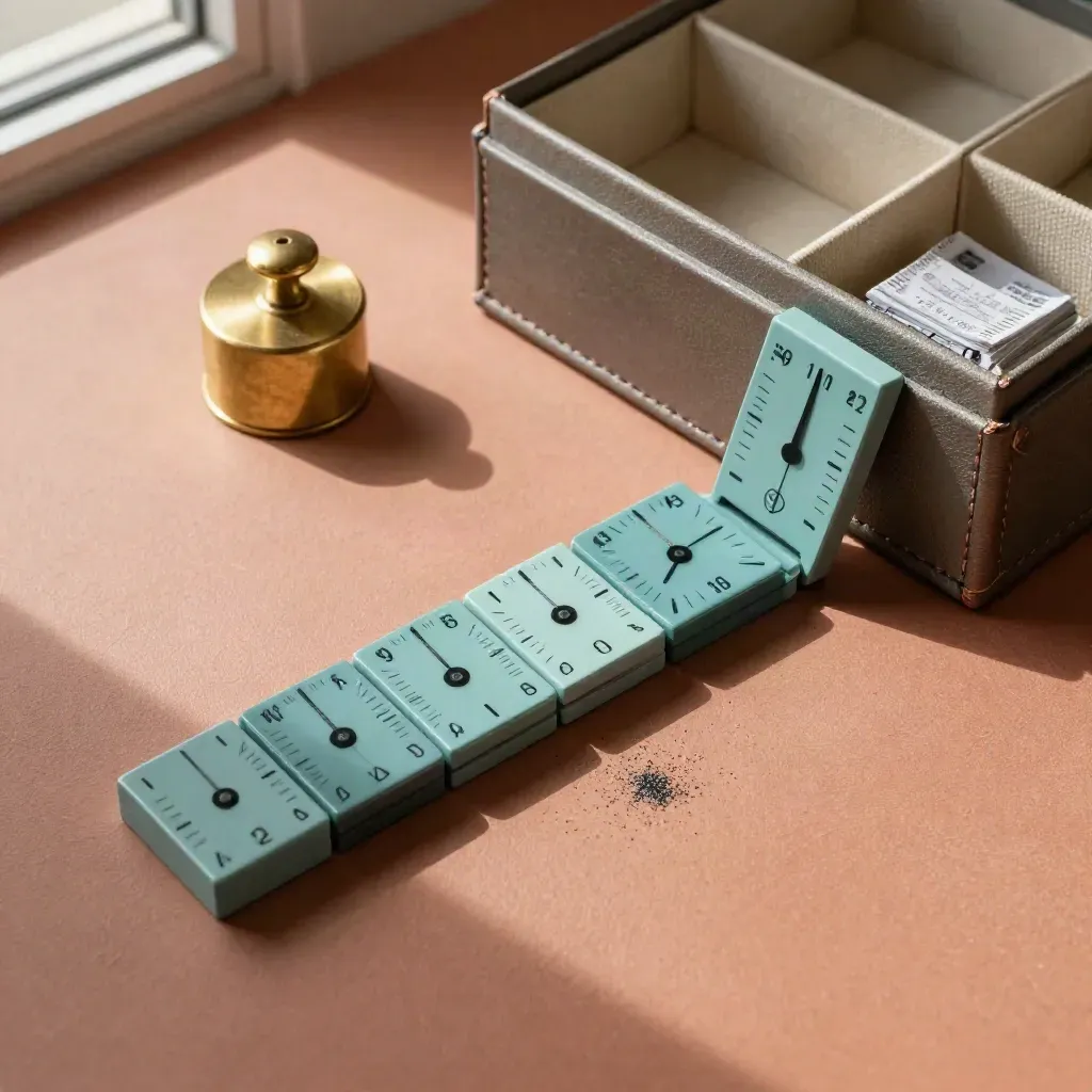 Draufsicht auf Zeitmodule, Teal-Marker, Messinggewicht und Archivkasten auf Terrakotta.