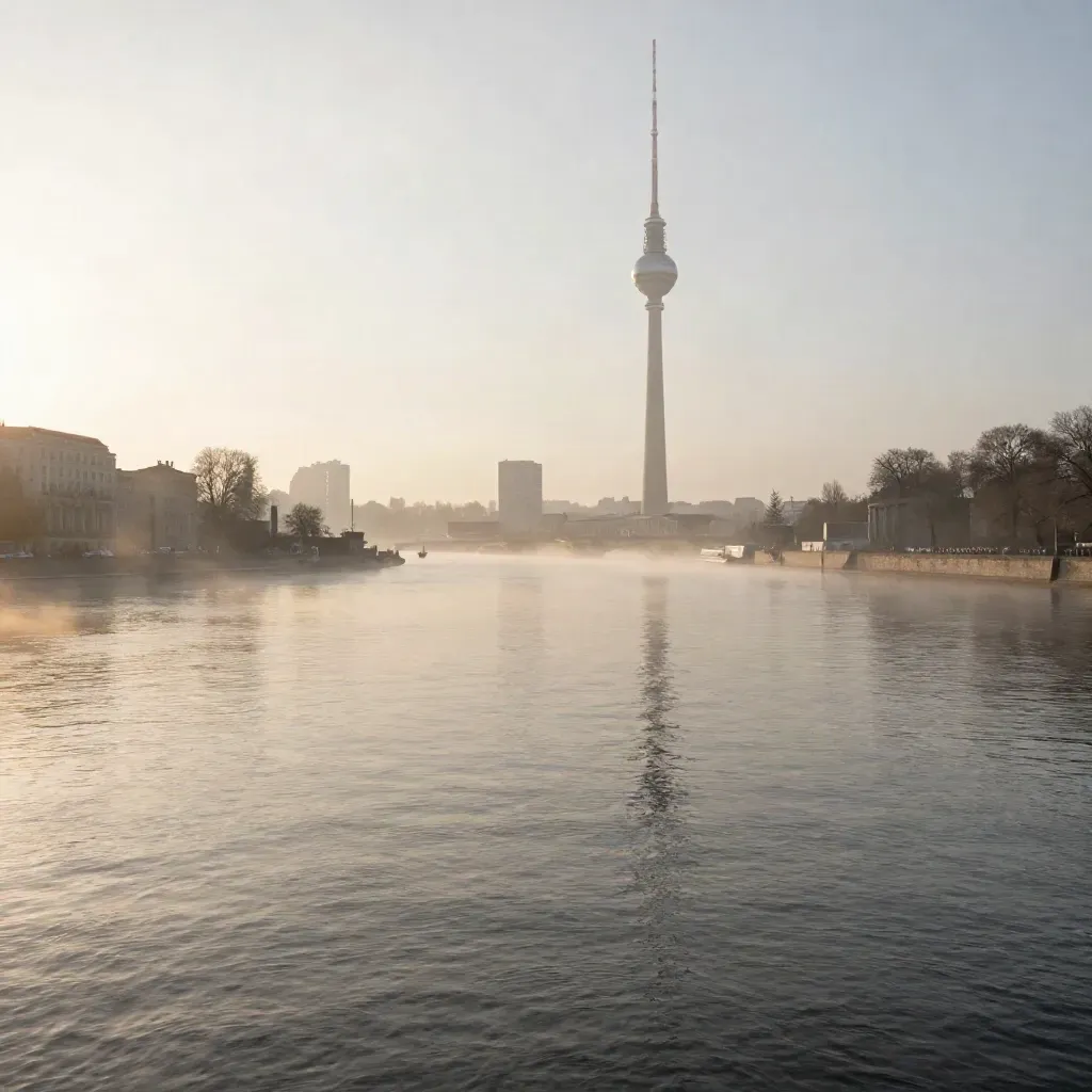 Berlin an der Spree im Morgennebel, Fernsehturm hoch über ruhigem Wasser