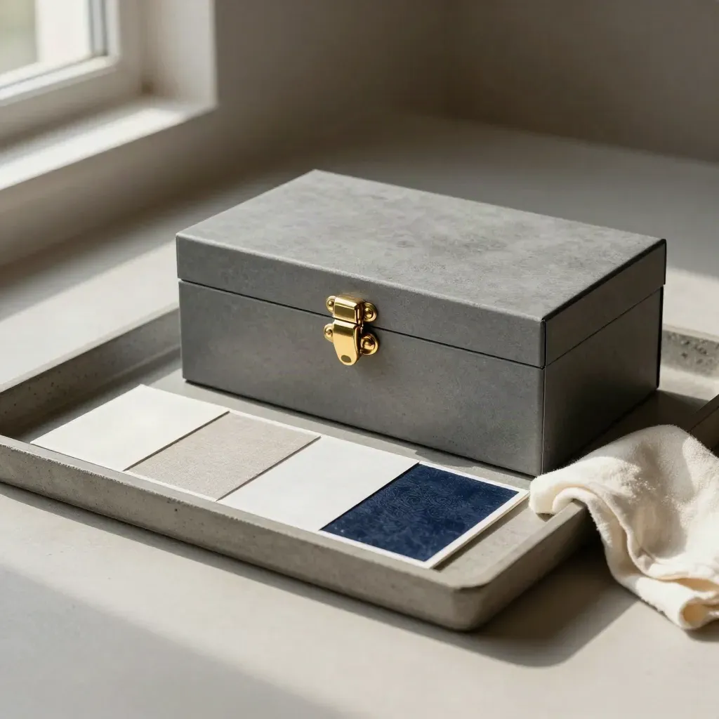 Versiegelte Präsentationsbox mit Messingverschluss und drei Musterkarten auf Steintablett.