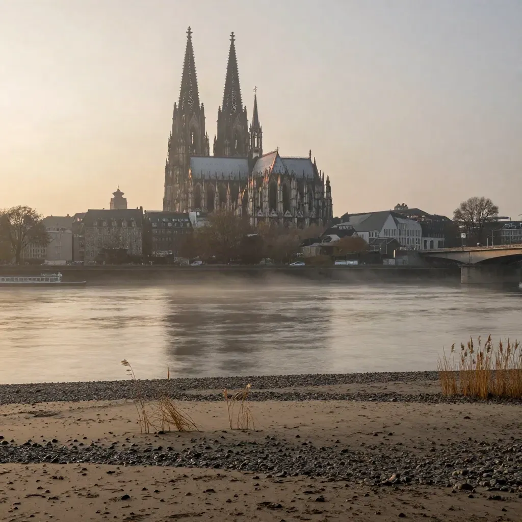 Köln mit Dom über dem Rhein im Abendlicht, unten eine ruhige, leere Uferzone.