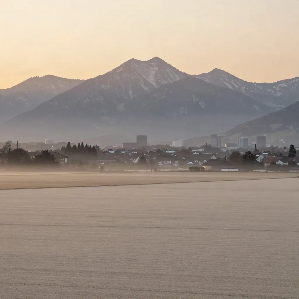 Alpenkante über München im Abendhaze, ruhige Vorlandfläche und feine Stadtsilhouette